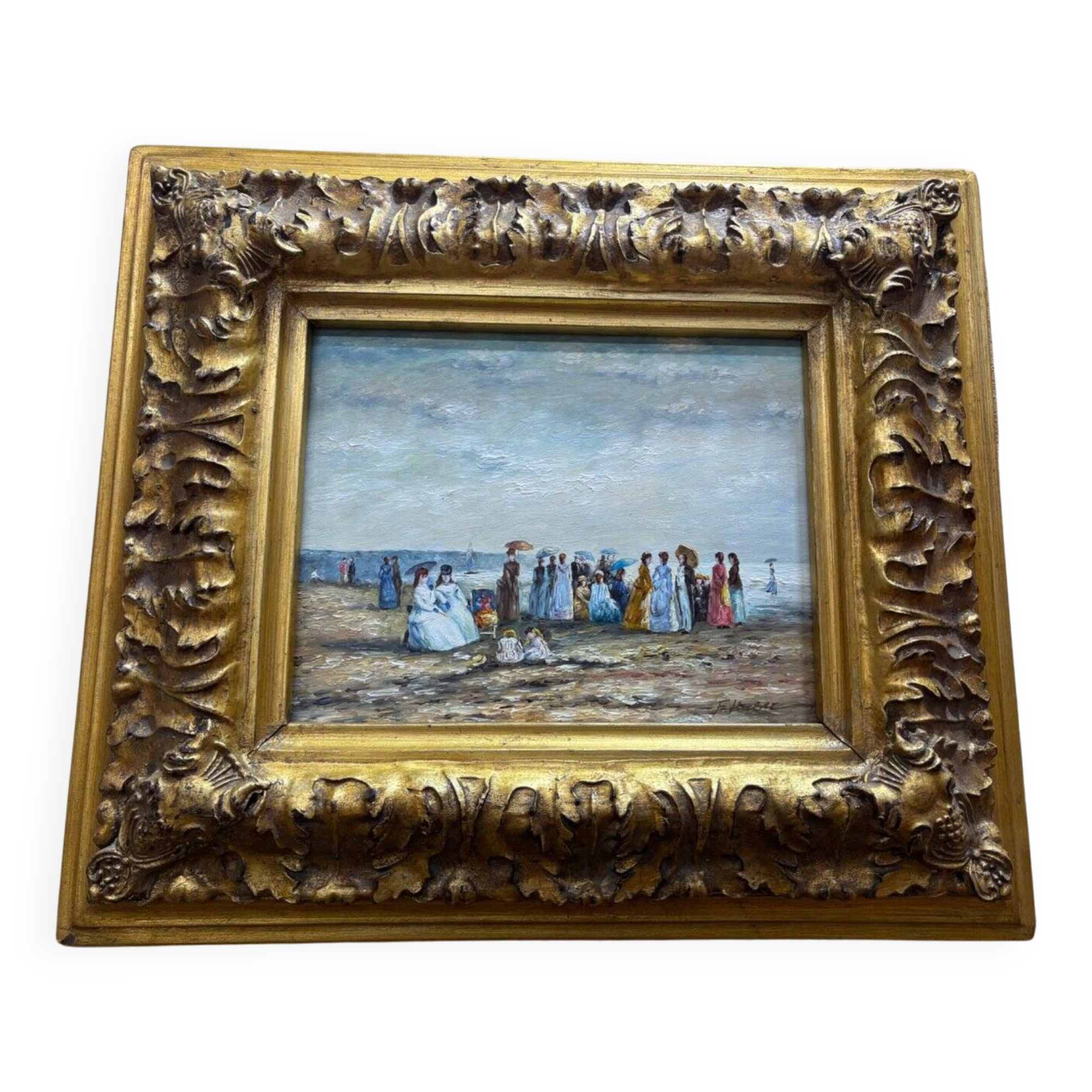 Oil on panel beach scene 19th century - F. Hubert, Boudin style