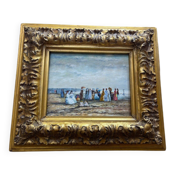Huile sur panneau scène de plage XIXe - F. Hubert, style Boudin