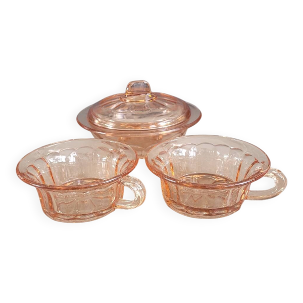 Ensemble 2 tasses + sucrier en verre rose