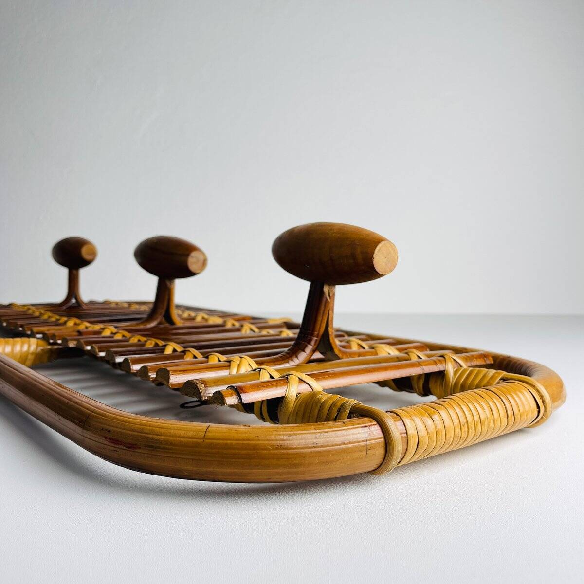 Bamboo and rattan coat rack in mid-century style attributed to Olaf Von Bohr, Italy, 1950s.