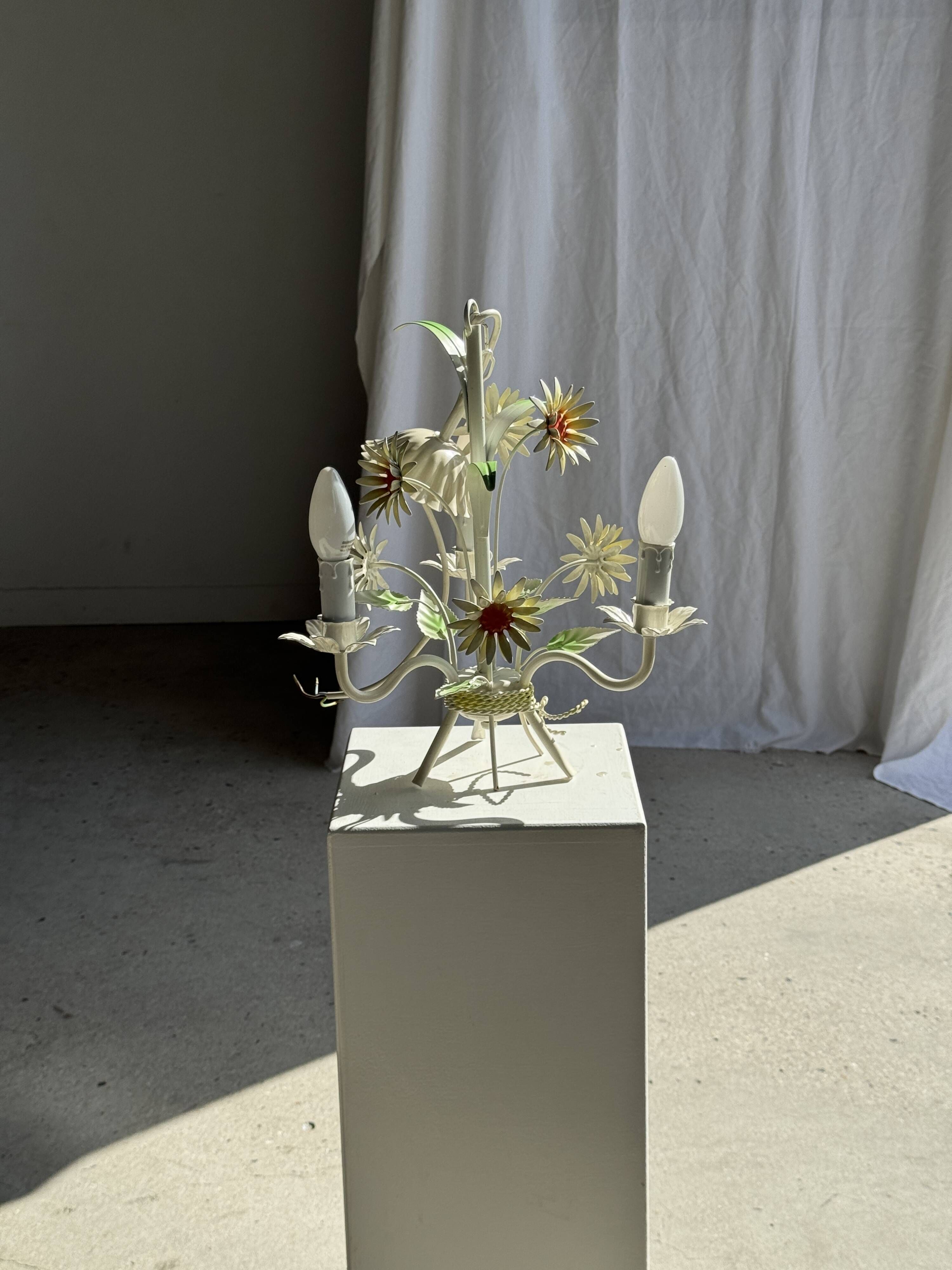 Small vintage cream metal flower chandelier with orange flowers and 3 arms.
