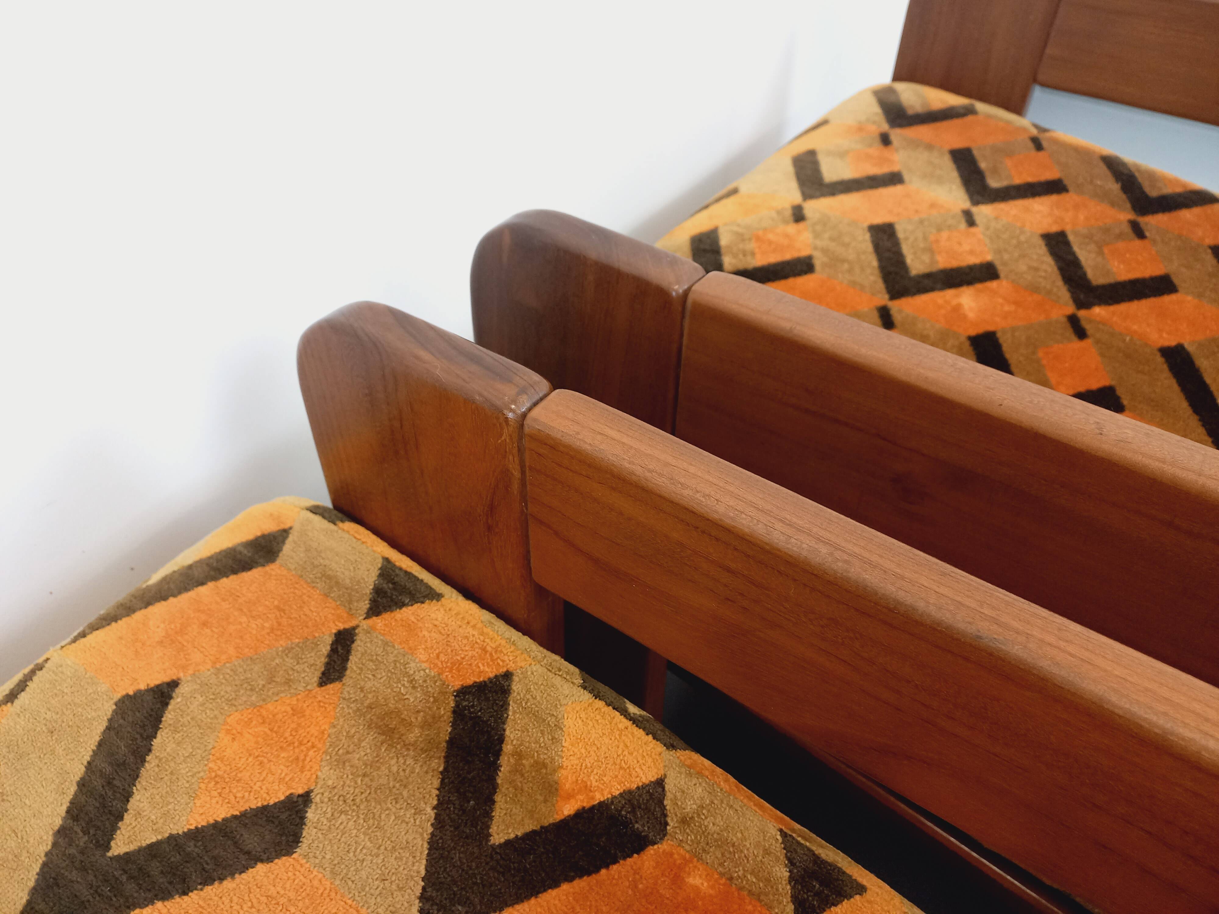 Pair of vintage walnut and velvet fabric sleigh armchairs from the 70s