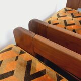 Pair of vintage walnut and velvet fabric sleigh armchairs from the 70s