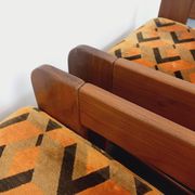 Pair of vintage walnut and velvet fabric sleigh armchairs from the 70s