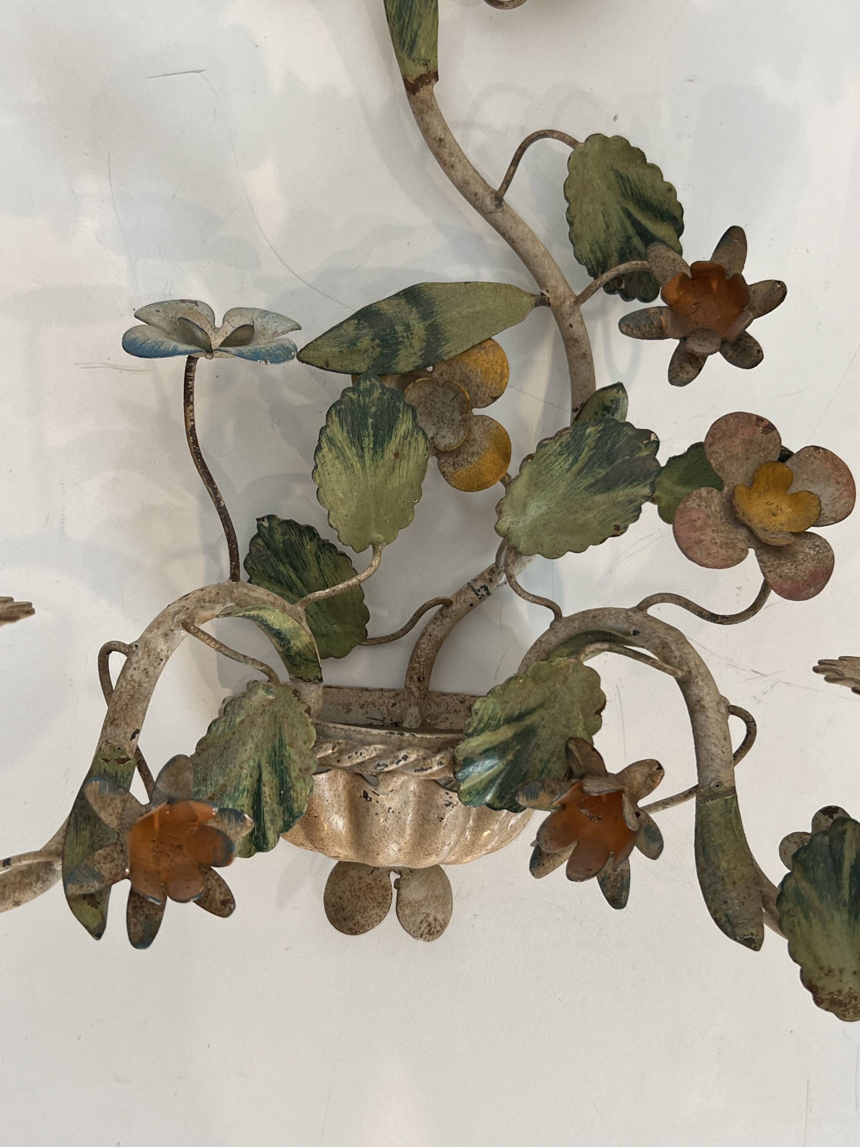 Pair of Wall Lights with Floral Basket in Painted Sheet Metal. Italian Work. Circa 19.