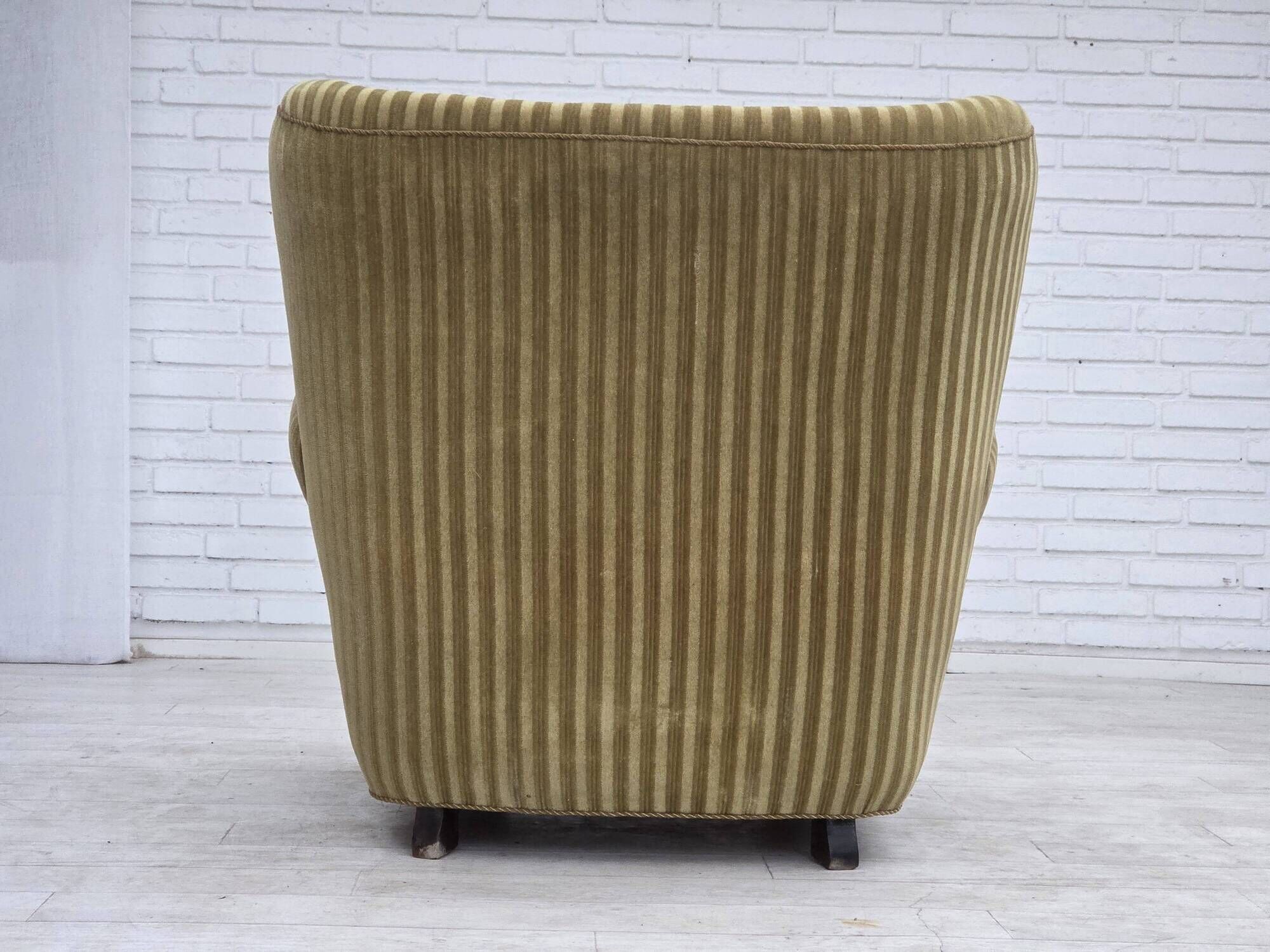 1960s, Danish relax armchair, furniture velour, oak wood.