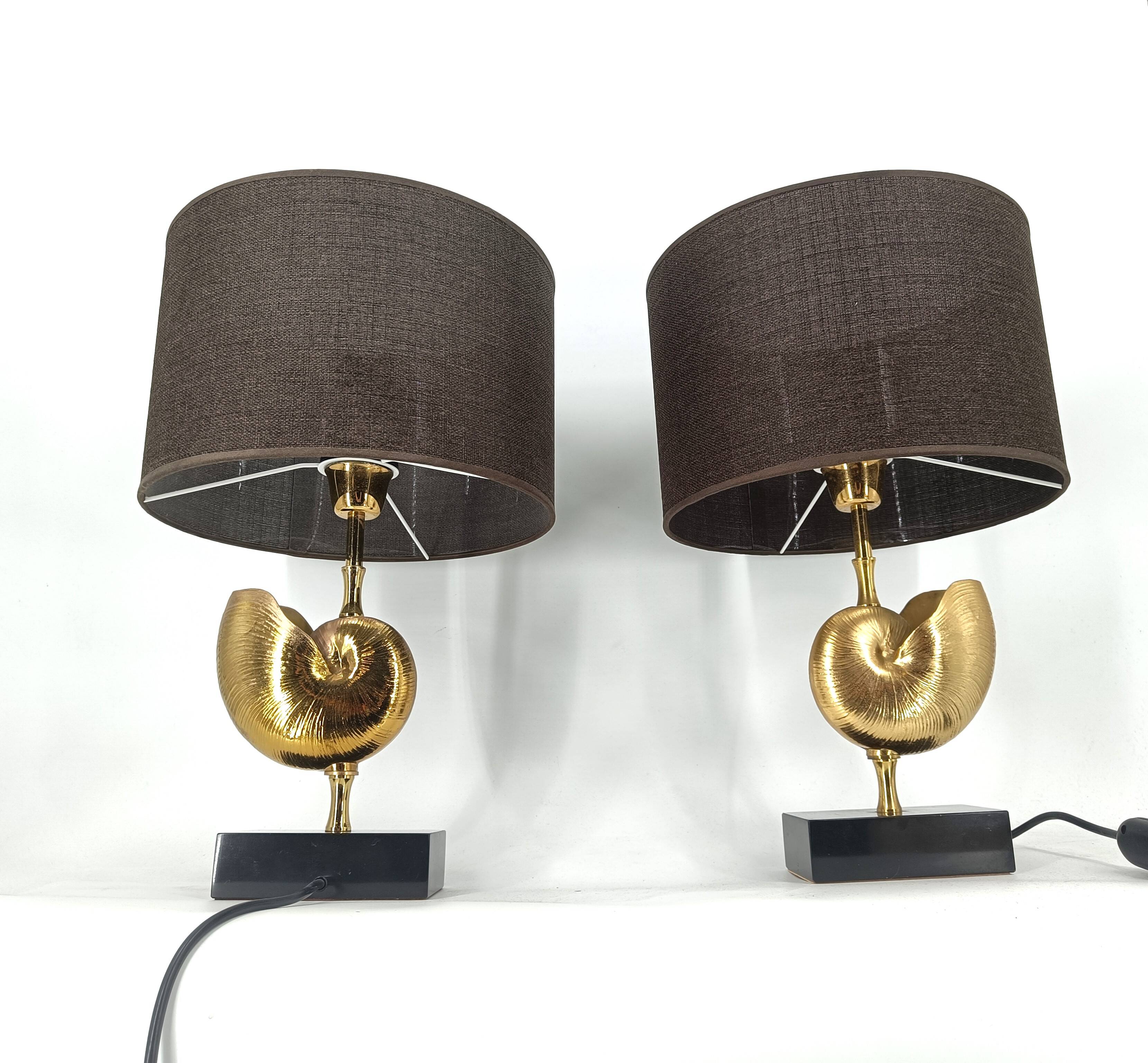 Vintage Brass Nautilus Shell Table Lamps 1970's - France  - set of 2