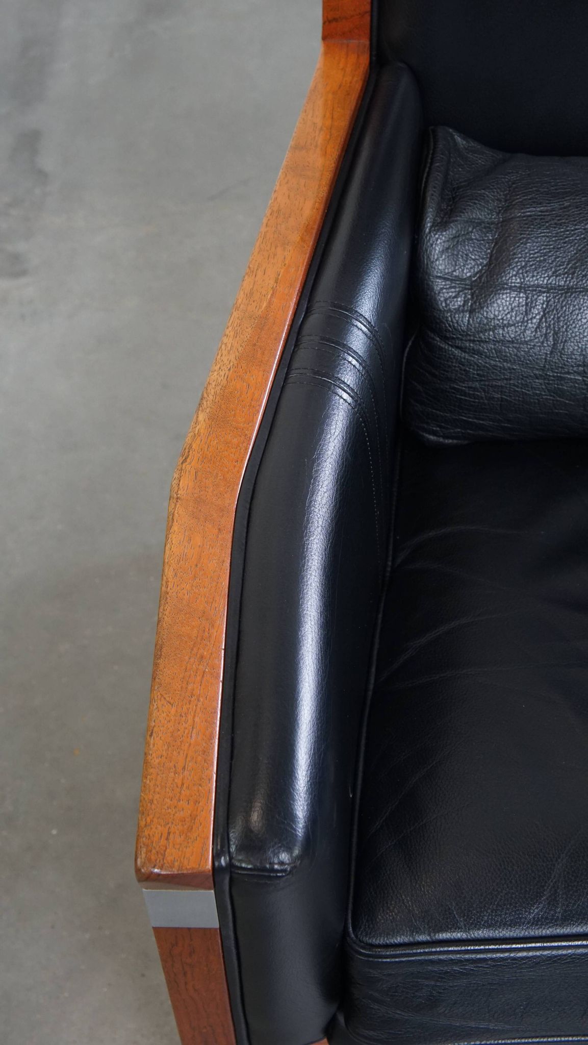 Black Cowhide Leather and Wooden Art Deco Armchair