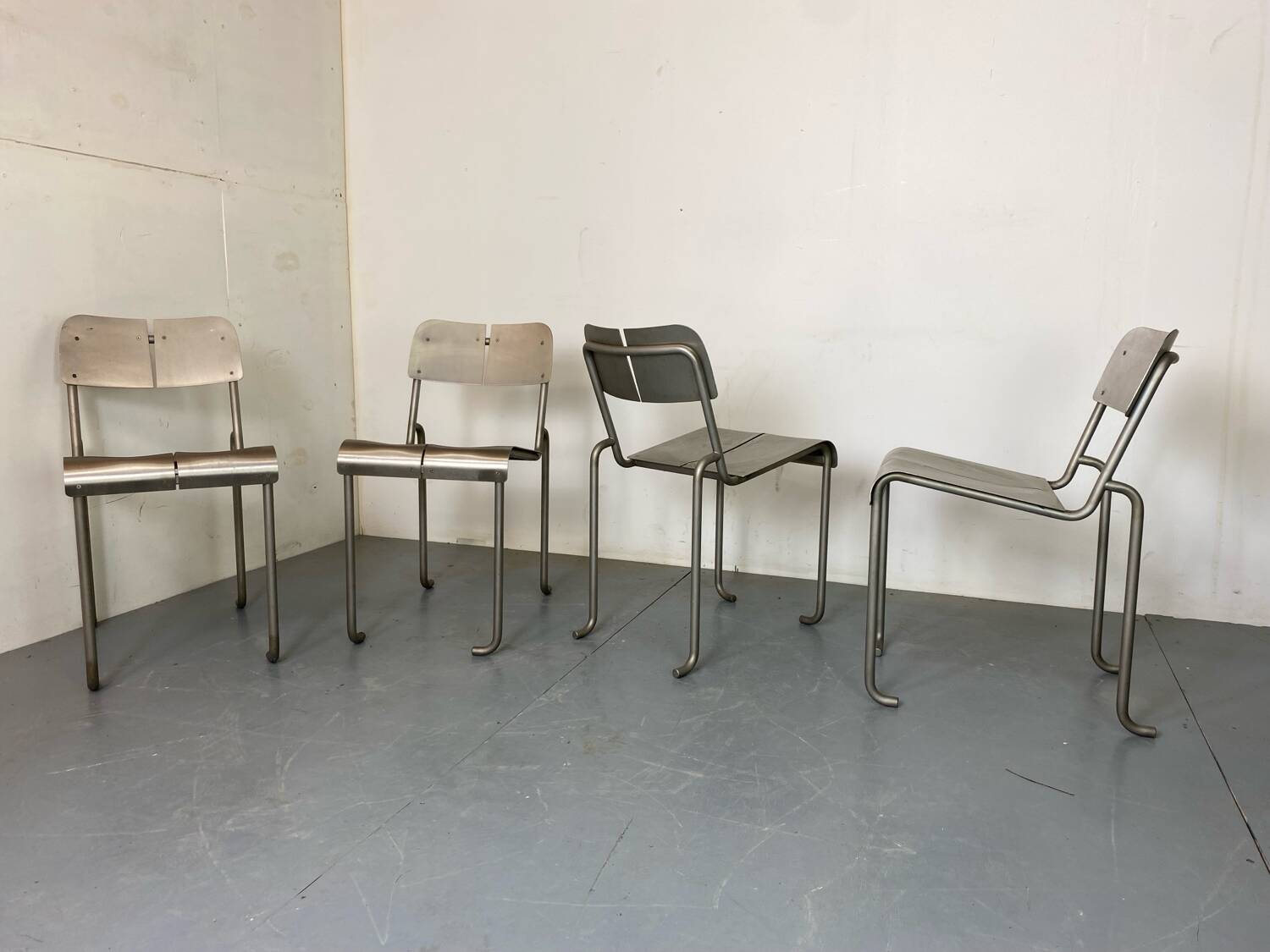 Memphis Architectural Stainless Steel French Dining Chairs, 1980s Set of 4