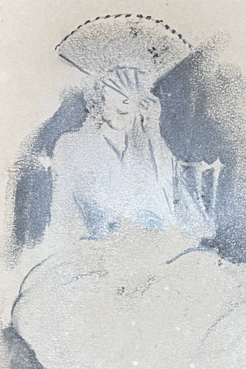 Tableau signé fusain « femme à l’éventail »