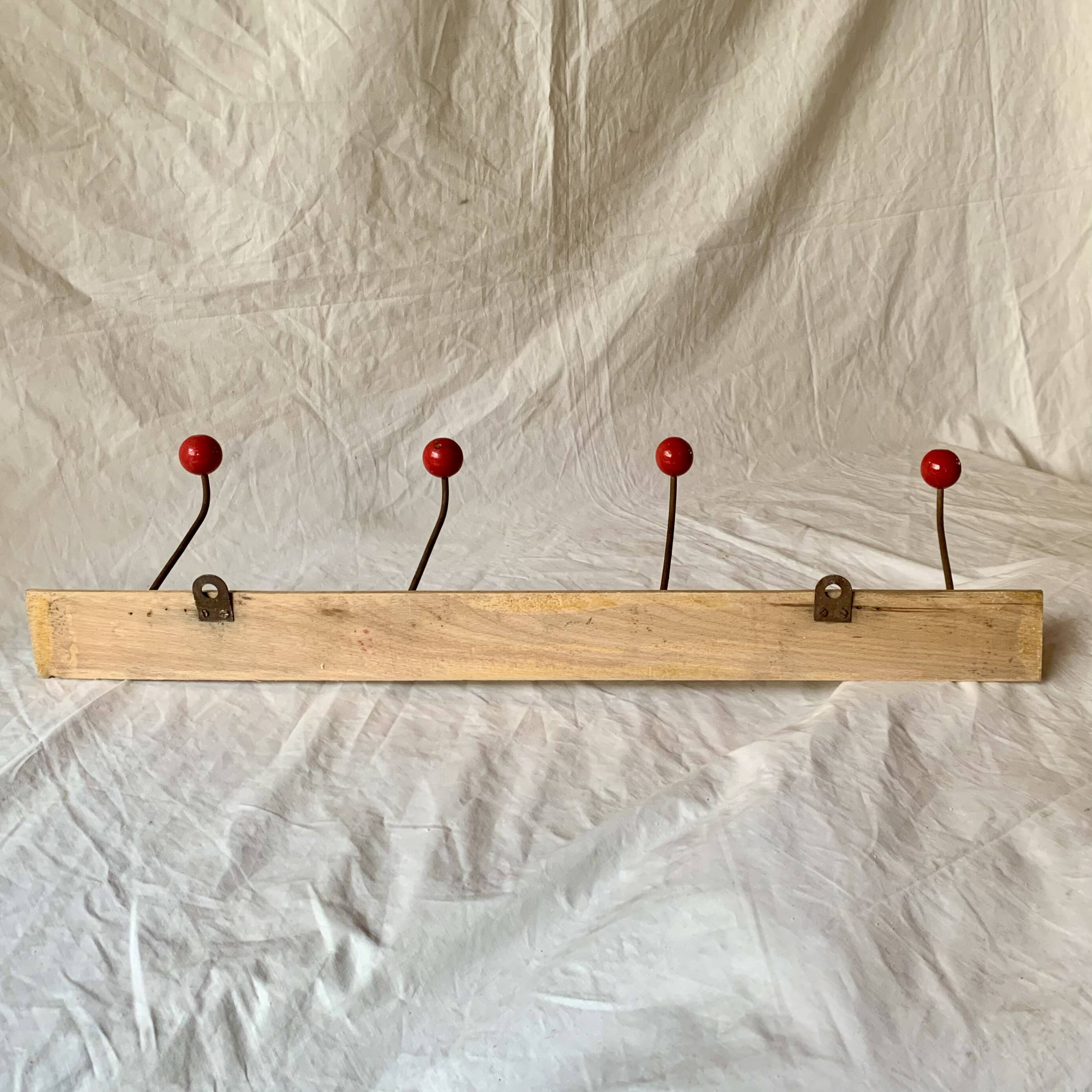 Vintage wooden wall coat rack - 4 red ball coat hooks