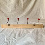 Vintage wooden wall coat rack - 4 red ball coat hooks