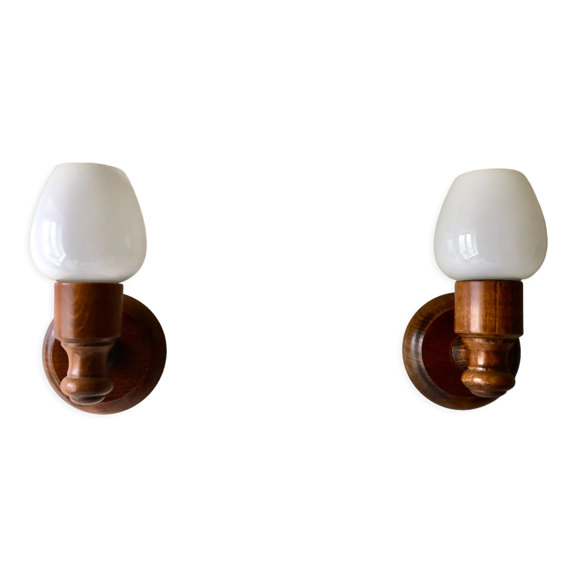 Pair of 1980 wood and opaline wall lamps