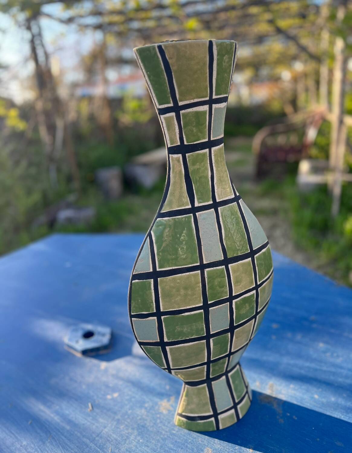 Large Art Deco olive green glazed ceramic vase