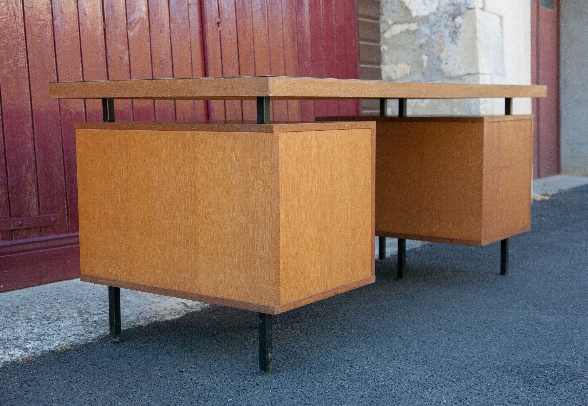 Wood desk and black metal structure with melamine top, Charron Edition, large office 2 boxes