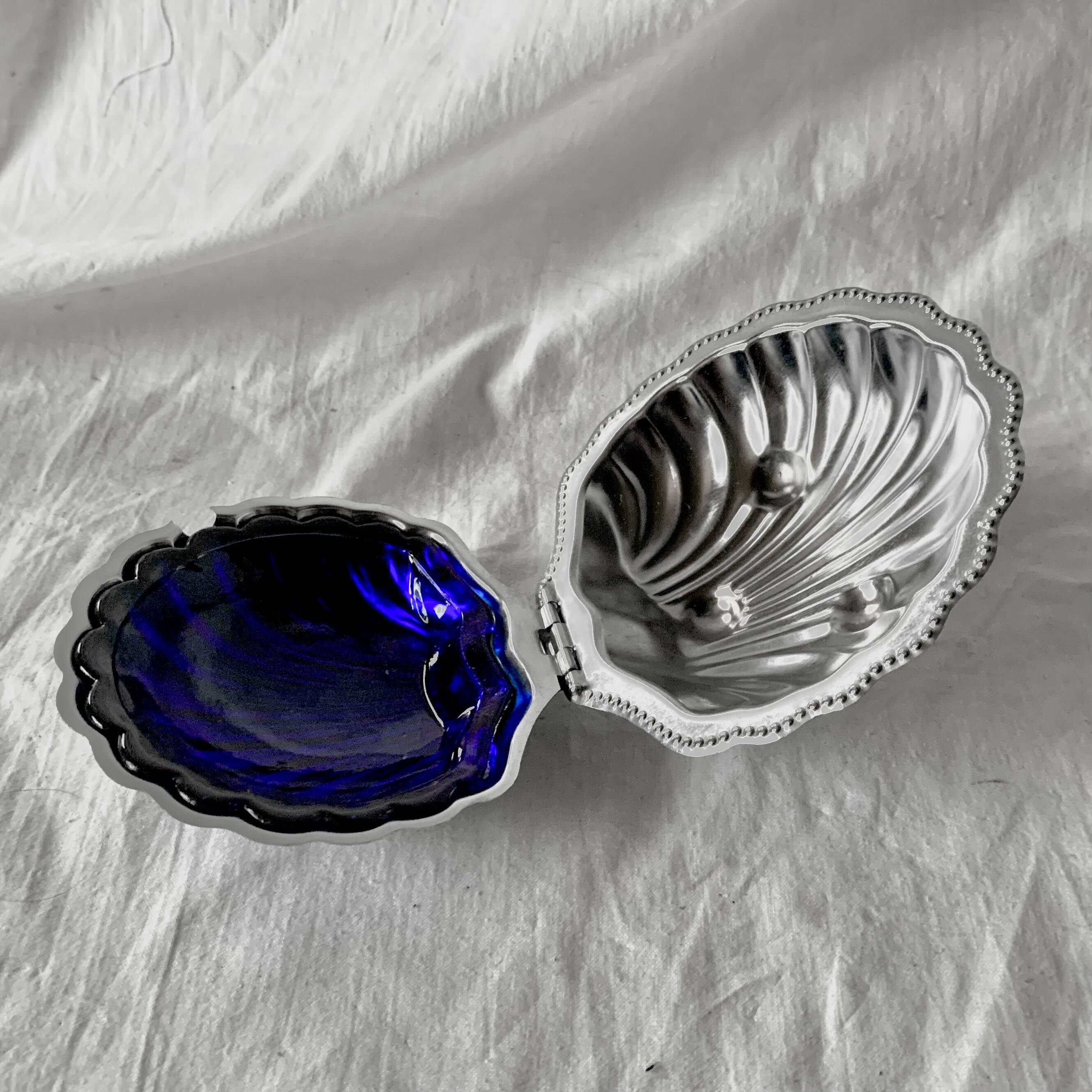 Vintage shell butter dish in stainless steel and cobalt blue glass