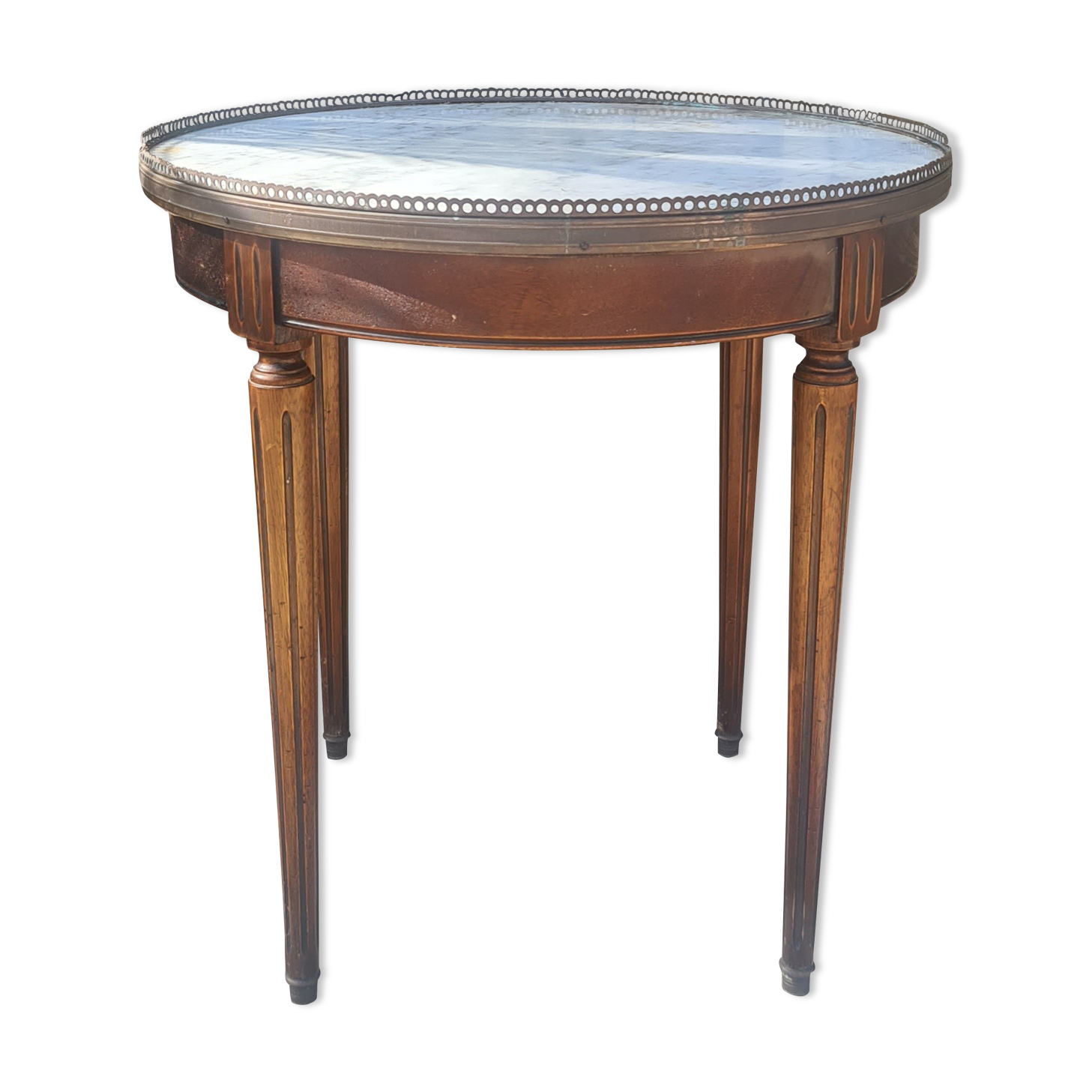 Louis XVI style hot water bottle table with marble plate and brass gallery