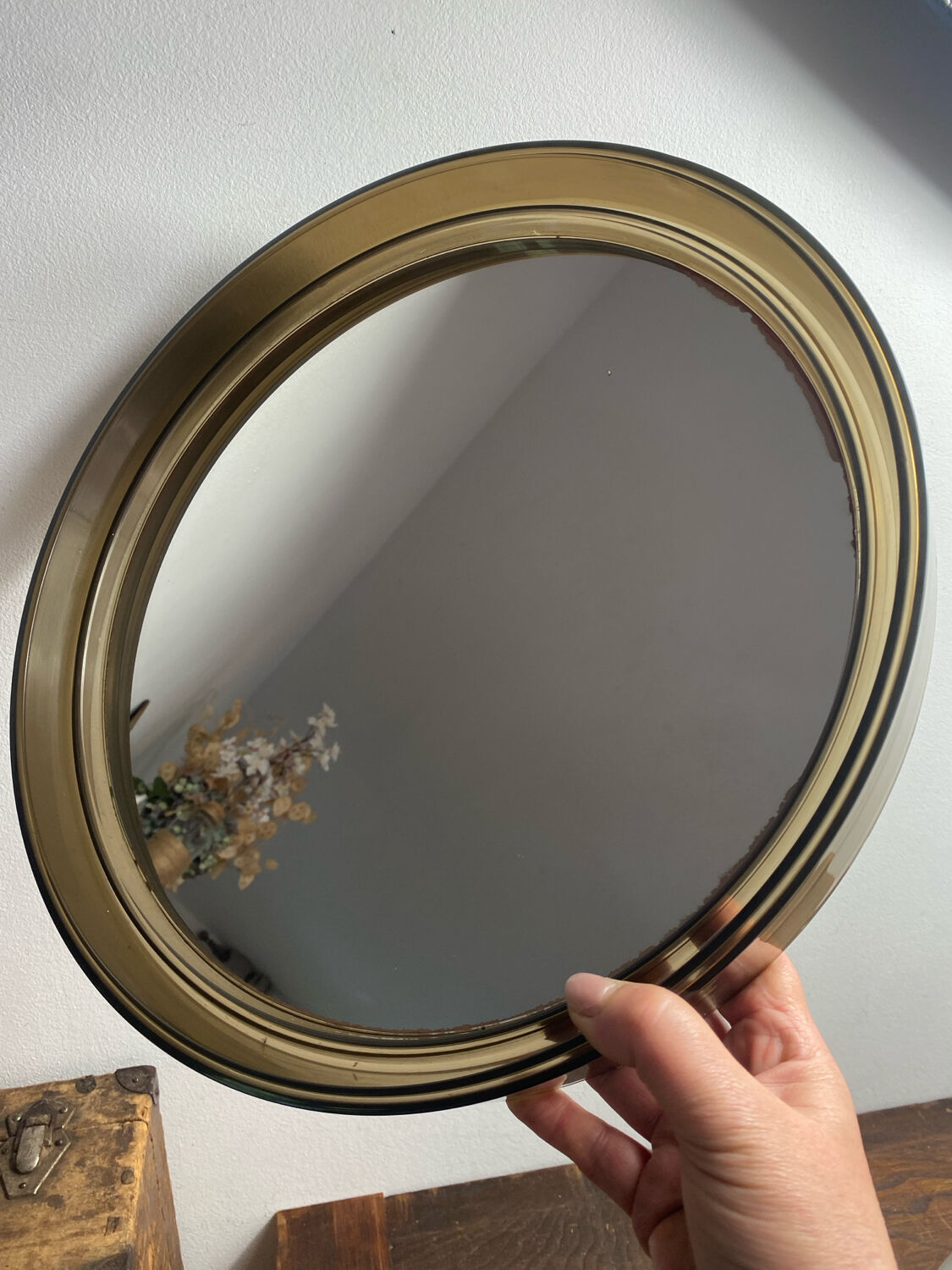 Circular mirror, smoked plastic, 1960s/70s.