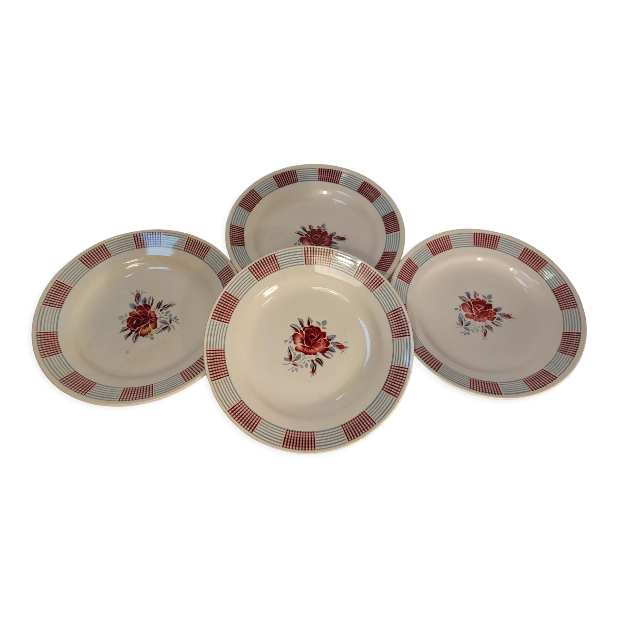 Set of 4 old flat plates from the earthenware factories of St Amand