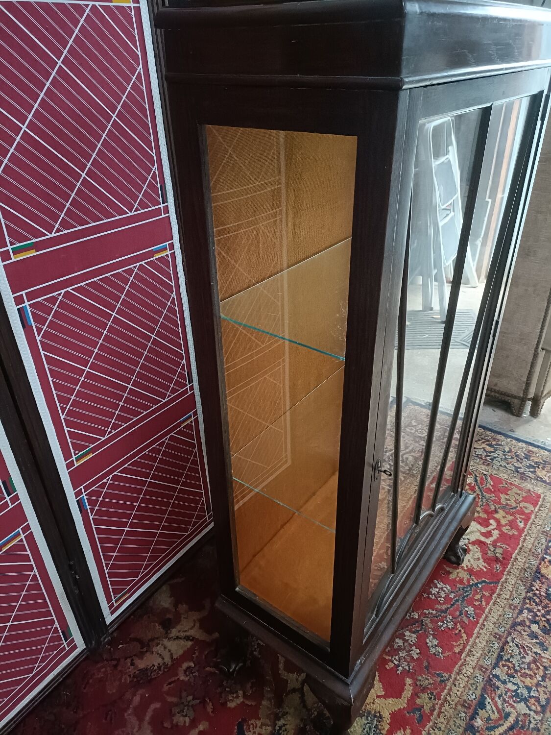 English glazed display case, lion paw feet