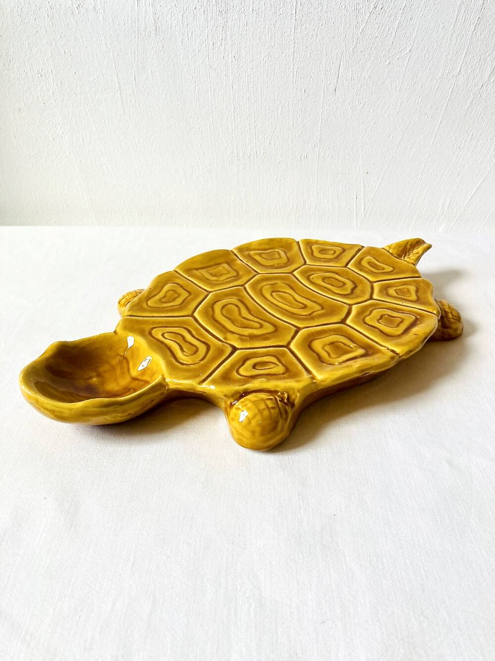 Large mustard yellow ceramic turtle dish, vintage 1950s-1970s.