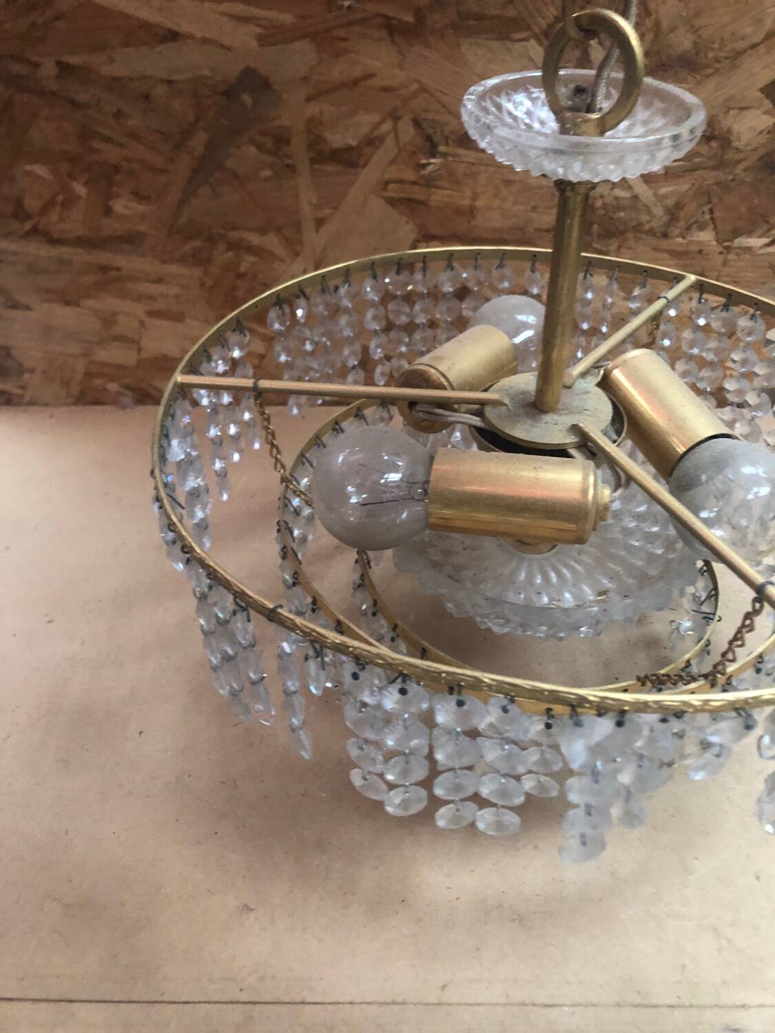 Ancien Lustre Laiton Cascade Pampilles Vintage