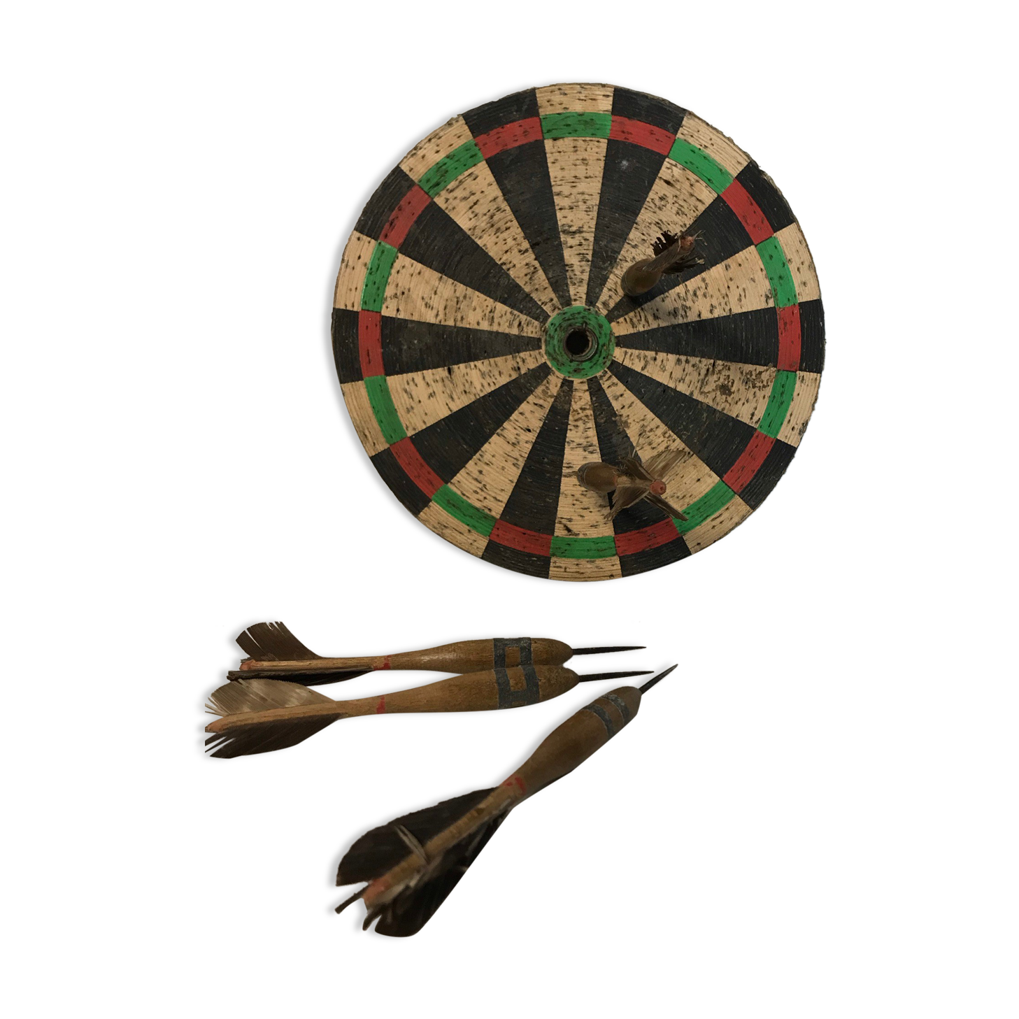 Old toy target round cardboard and feather darts 1960