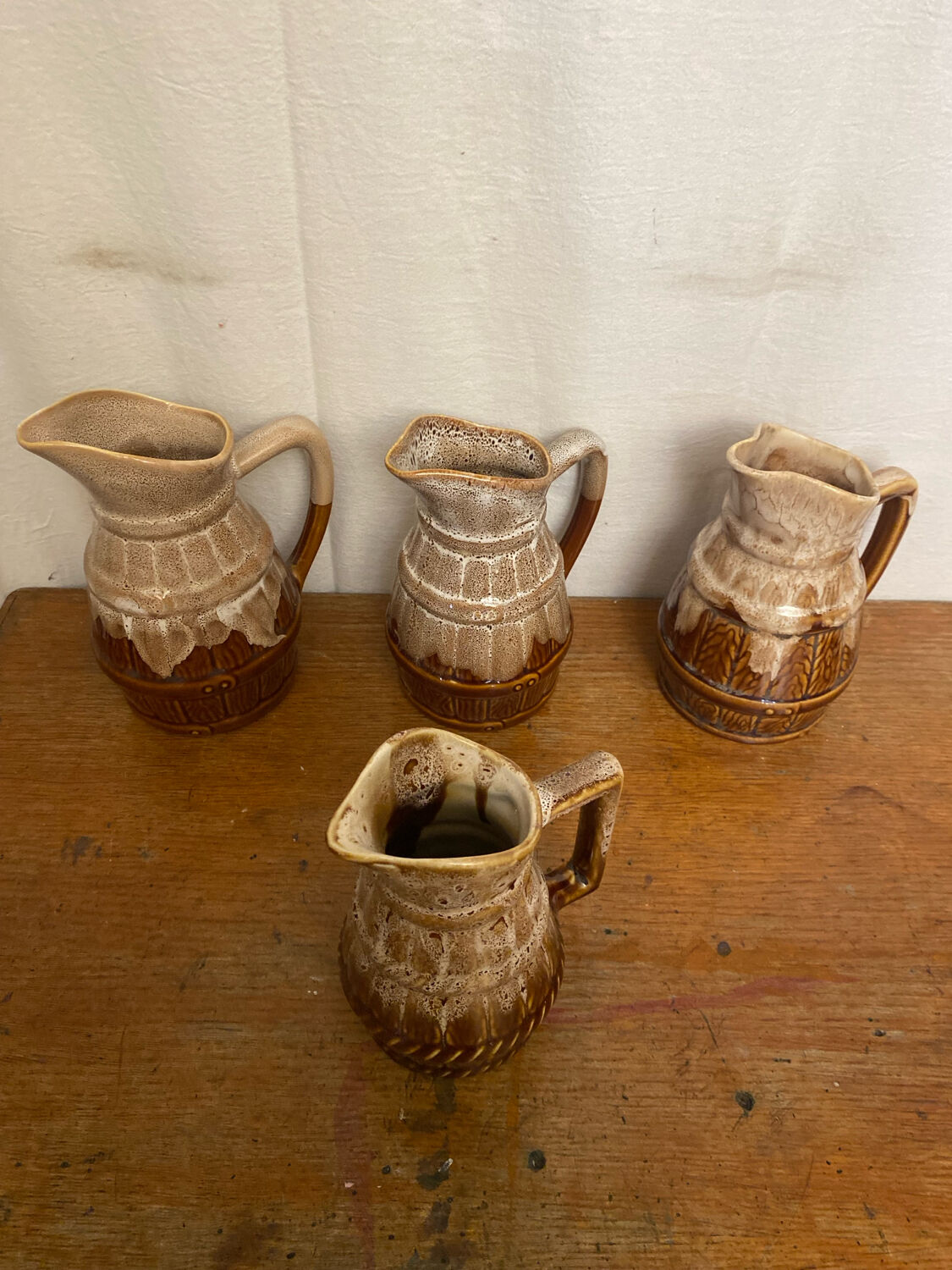 Set of 3 Barrel-Shaped Pitchers in the RÉVOL Style, Vintage Flamed Ceramic
