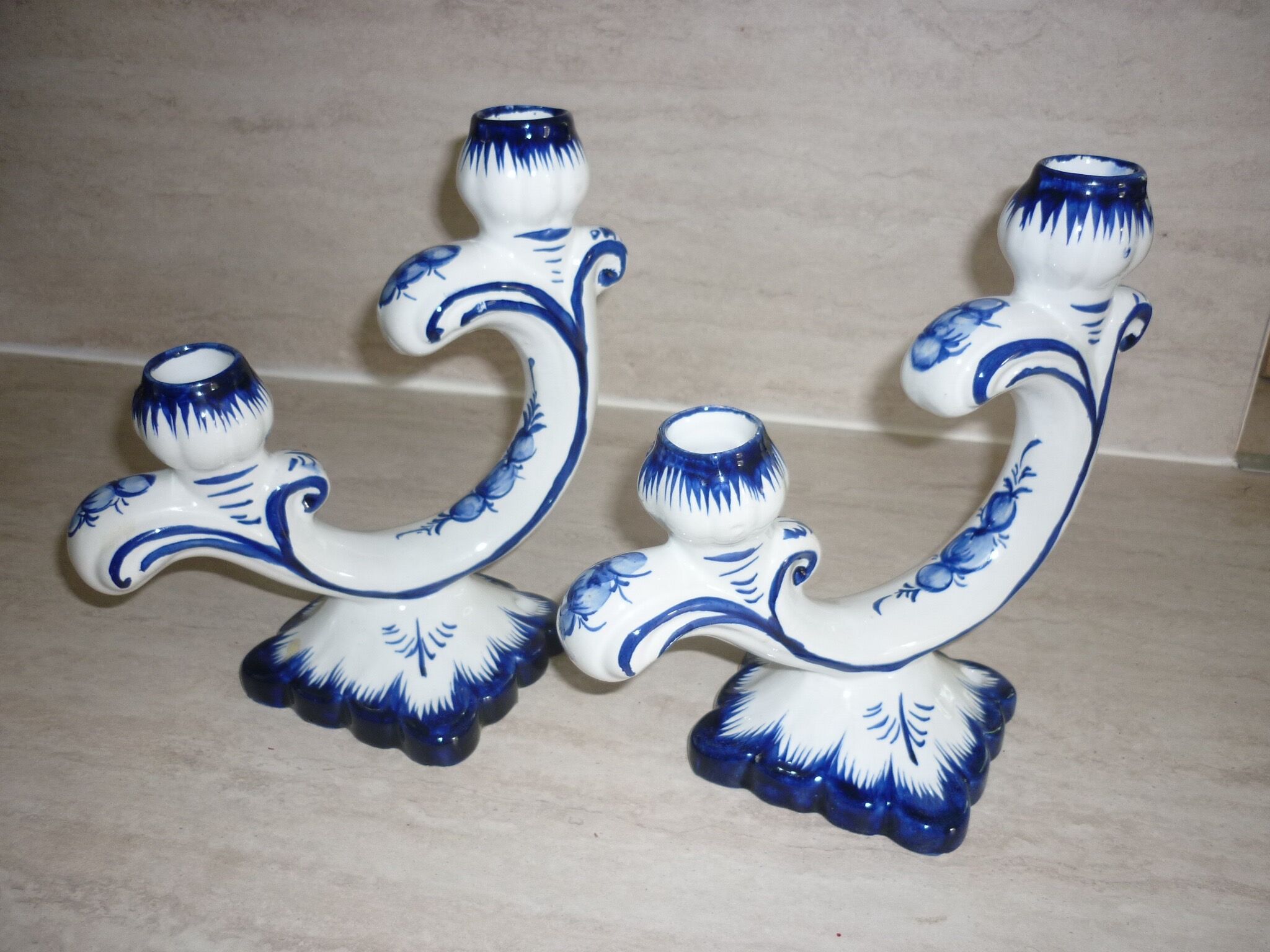 Pair of 2-pointed ceramic candlesticks from Portugal