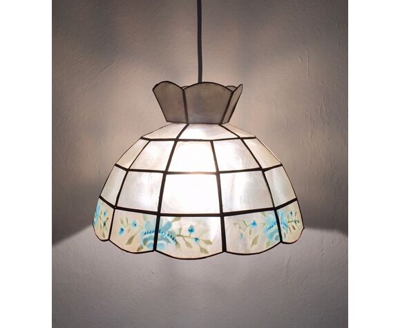 Brass Hanging Lamp Selency, Mother Of Pearl Lampshade
