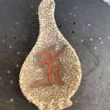 Glassed ceramic cut enamelled prehistoric warrior motif vintage red 1950