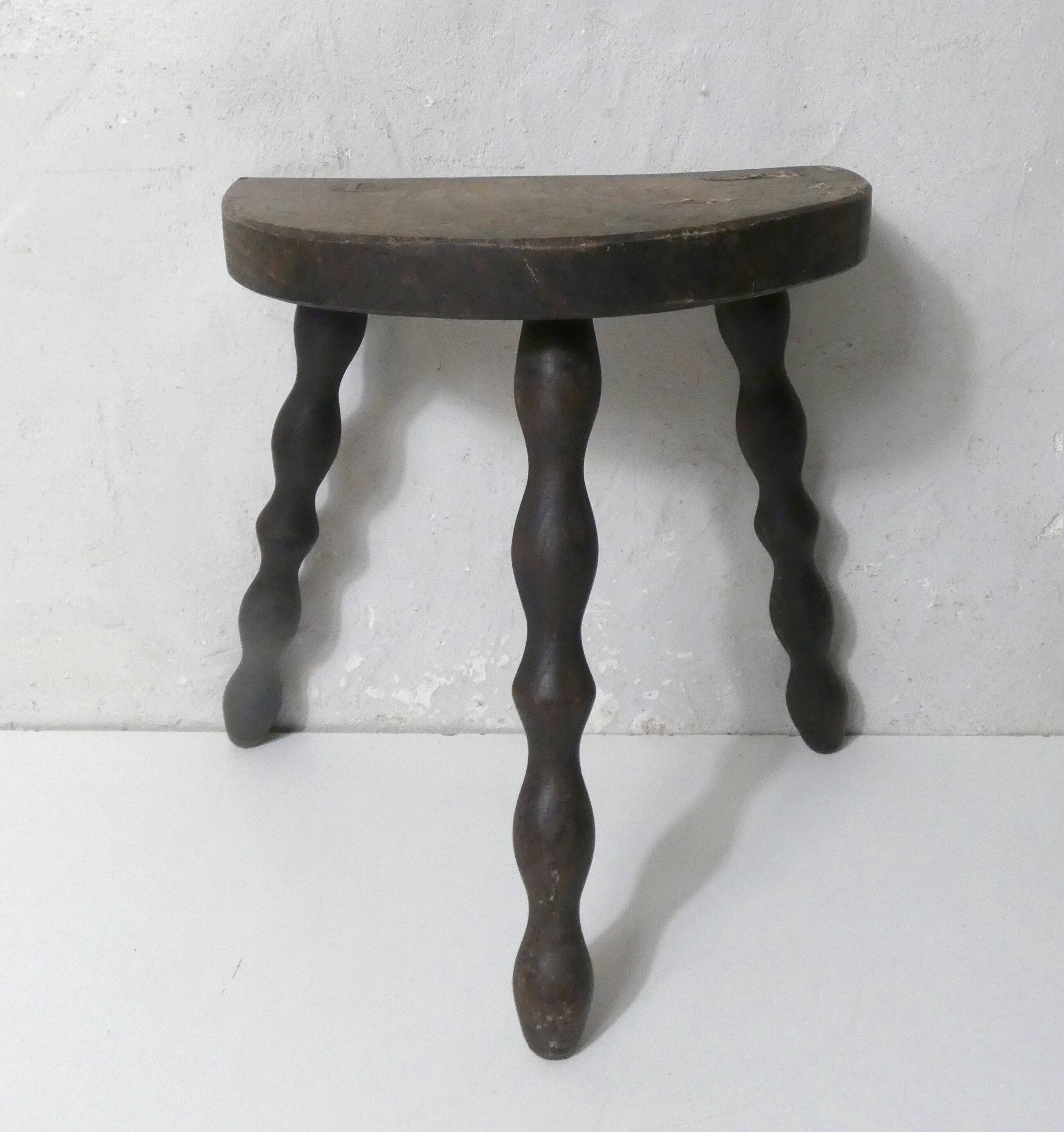 vintage half-moon solid wood turned beaded tripod stool