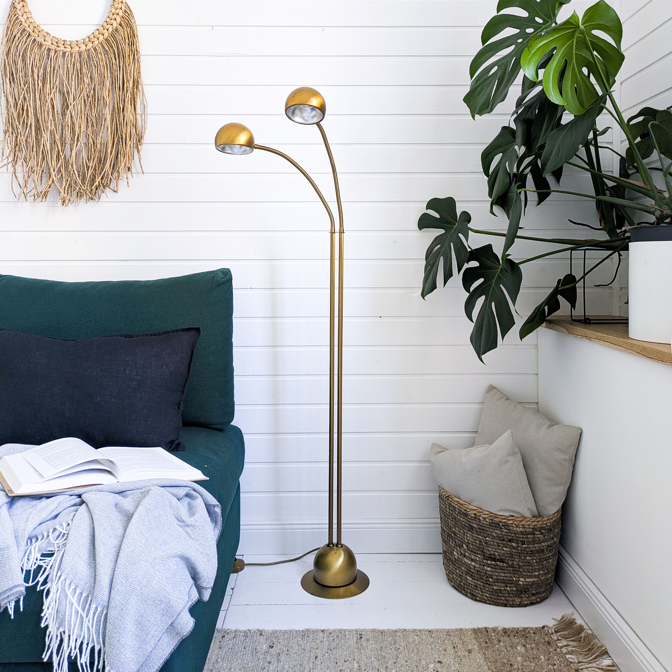 Lampadaire vintage Fischer à 2 têtes, laiton mat orientable