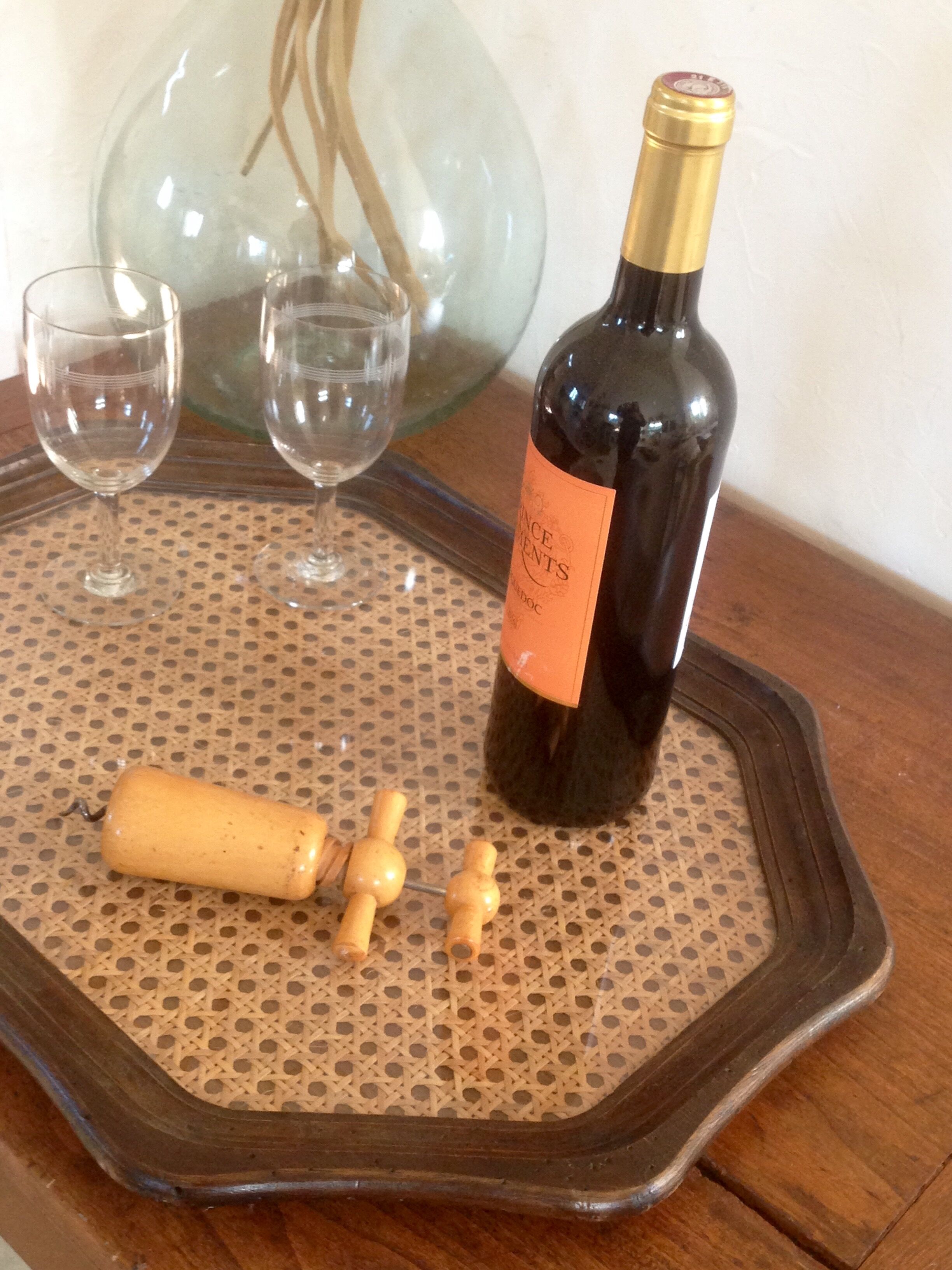 Glass tray, wood and caning