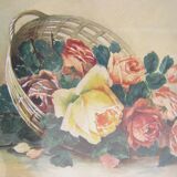 Aquarelle ancienne "panier de roses"