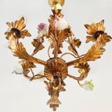 Vintage Italian Roses Porcelain Chandelier Gold Gilded Baroque Rococco 1950s