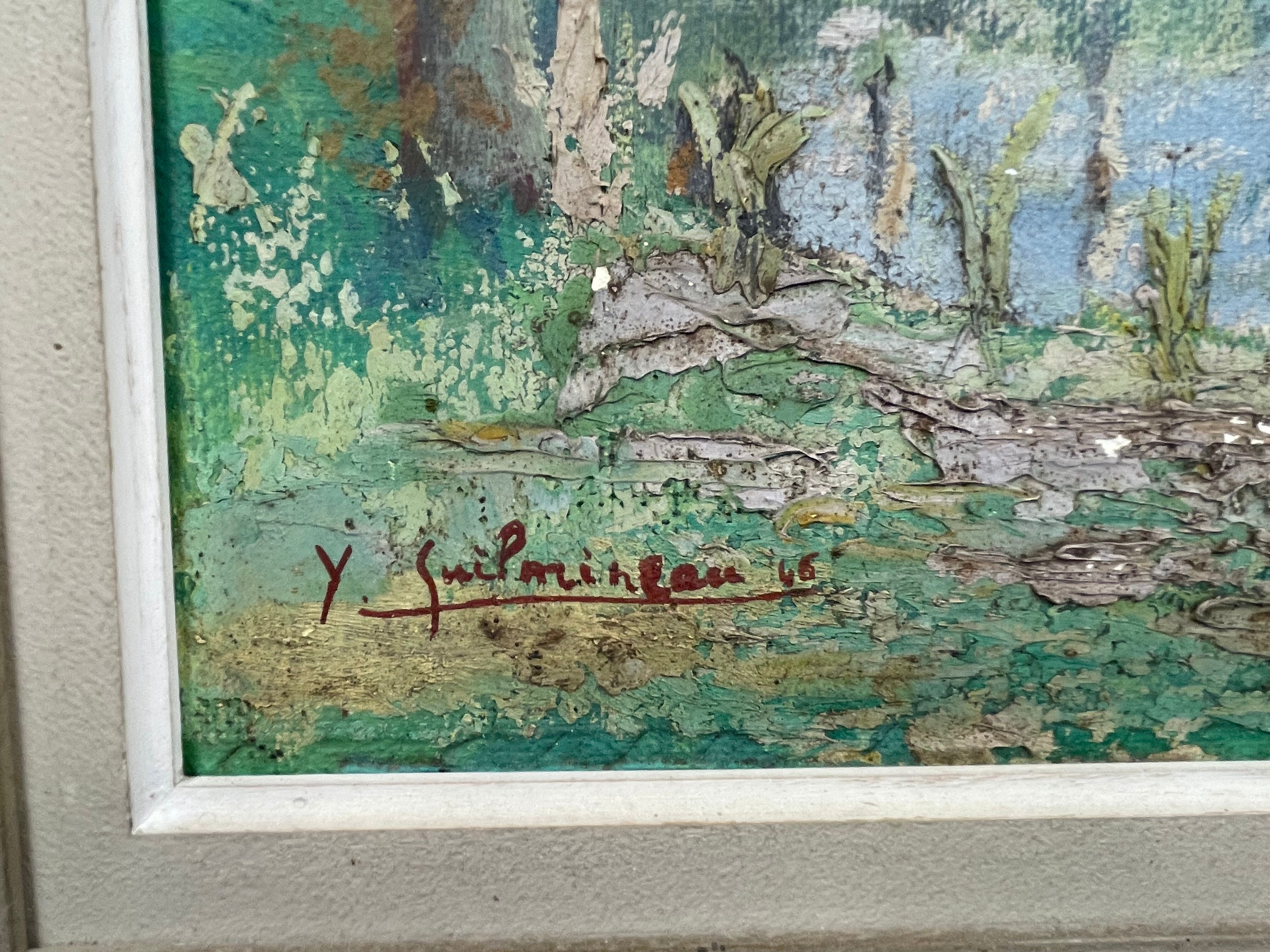 Painting Y. Guilmineau Painter Vendée, Deux Sèvres, Green Venice, Coulon.... 1946