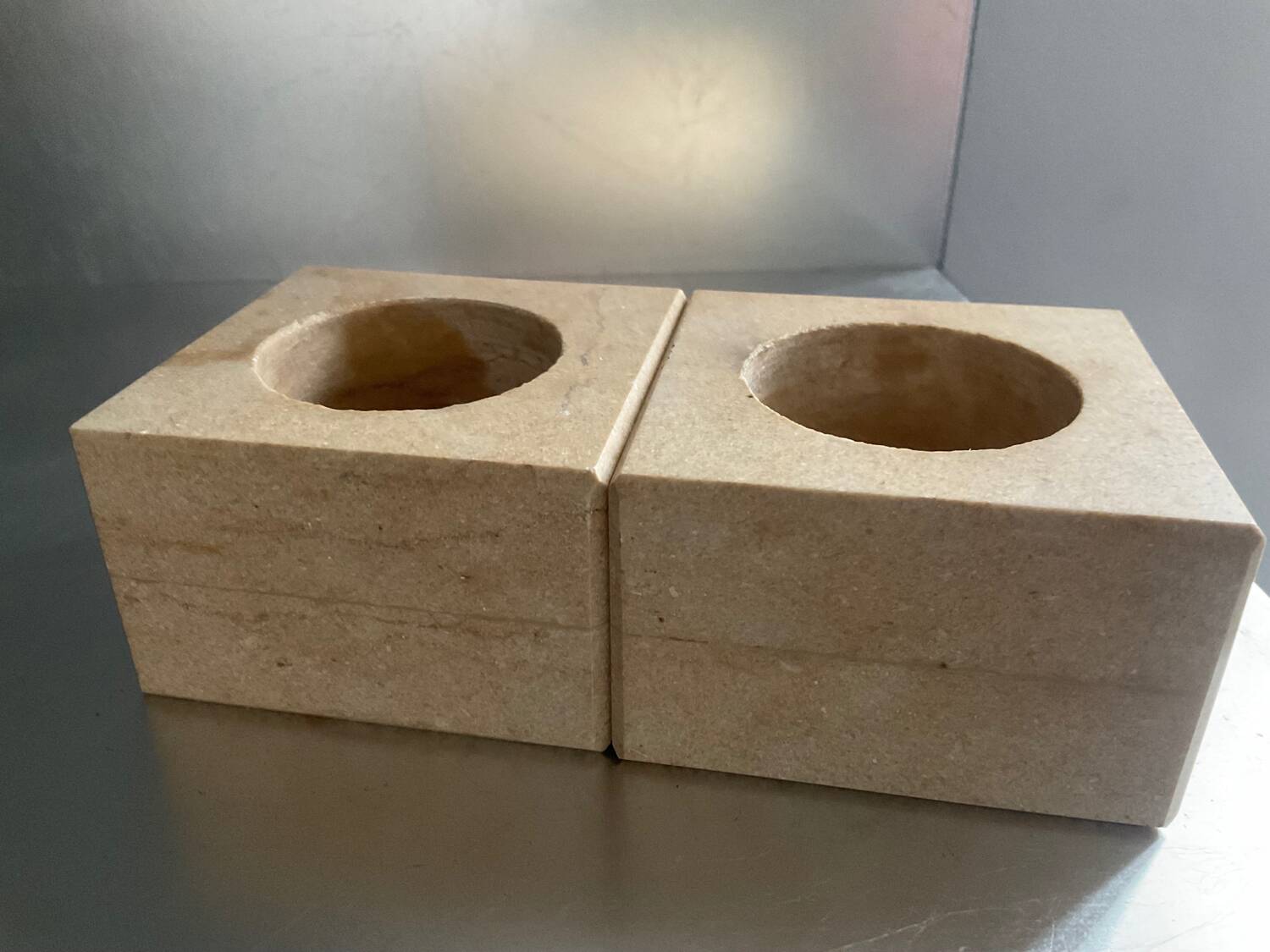 Pair of vintage travertine cube candlesticks from the 70s