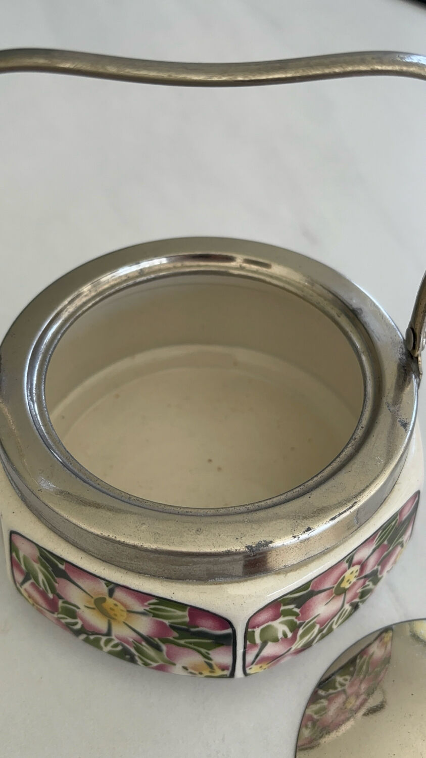 Bonbonnière art déco céramique décor floral – sucrier avec anse métal