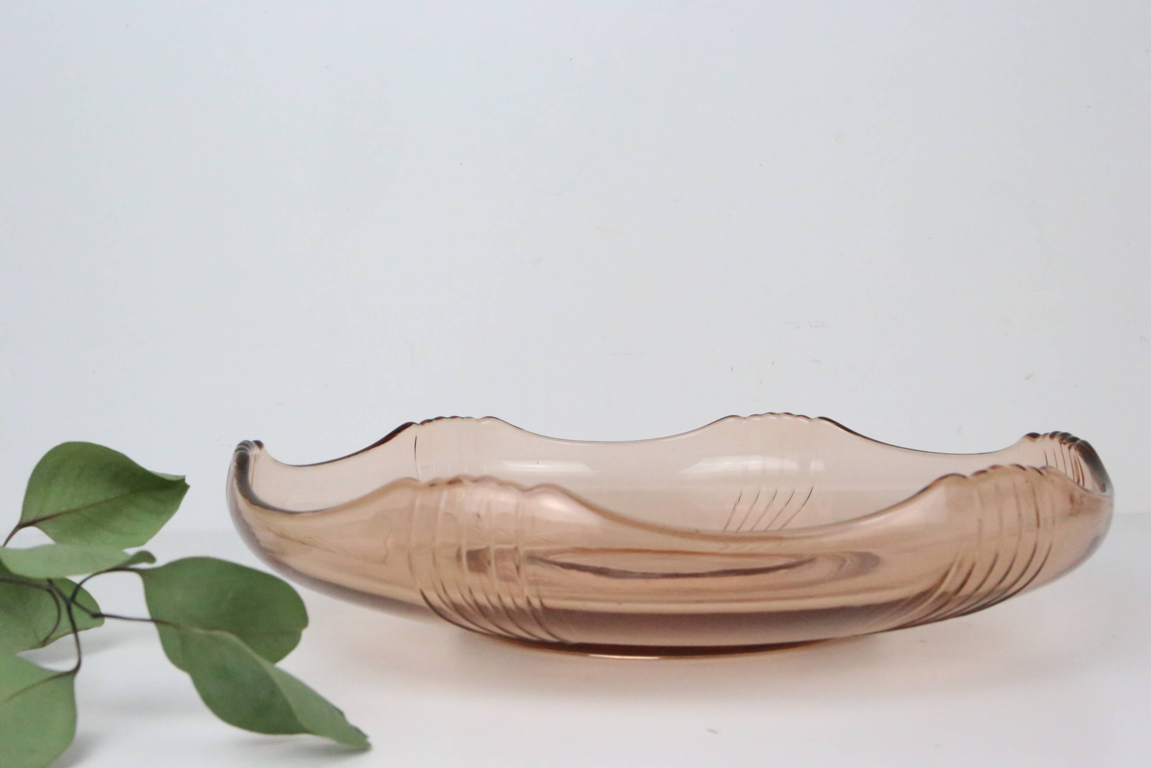 Round pink glass dish, empty pocket or salad bowl, molded glass, art deco