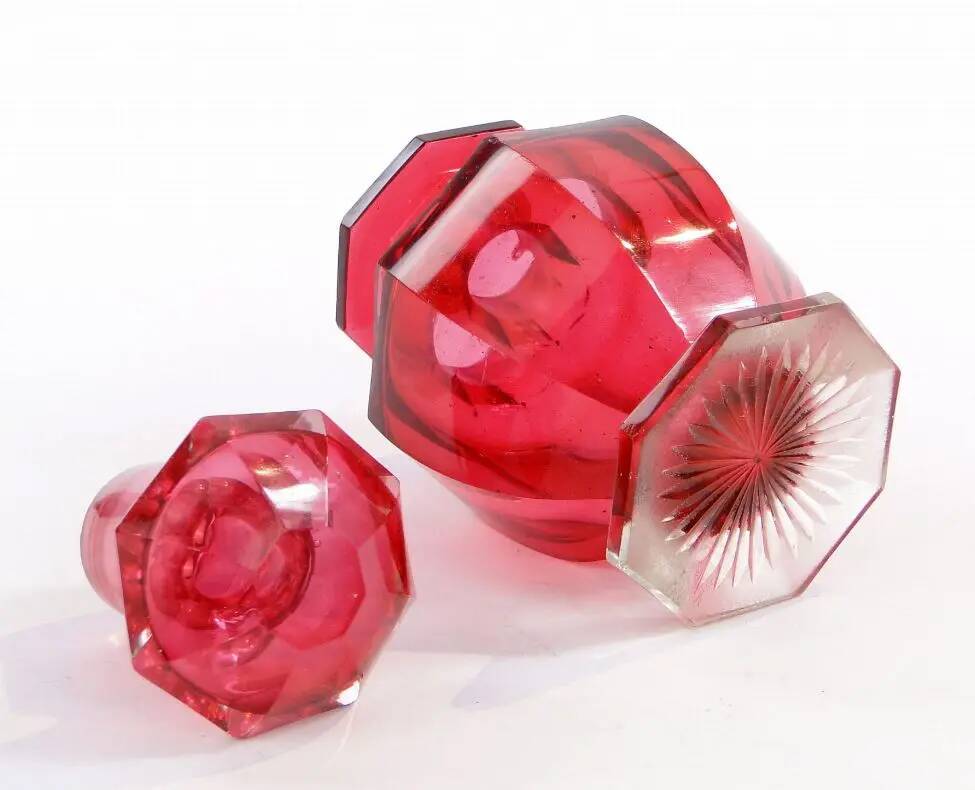 Biedermeier tea caddy, red crystal glass, Poland, 19th century