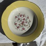 Set of 9 large vintage yellow deep plates with pink flowers and a gold rim.