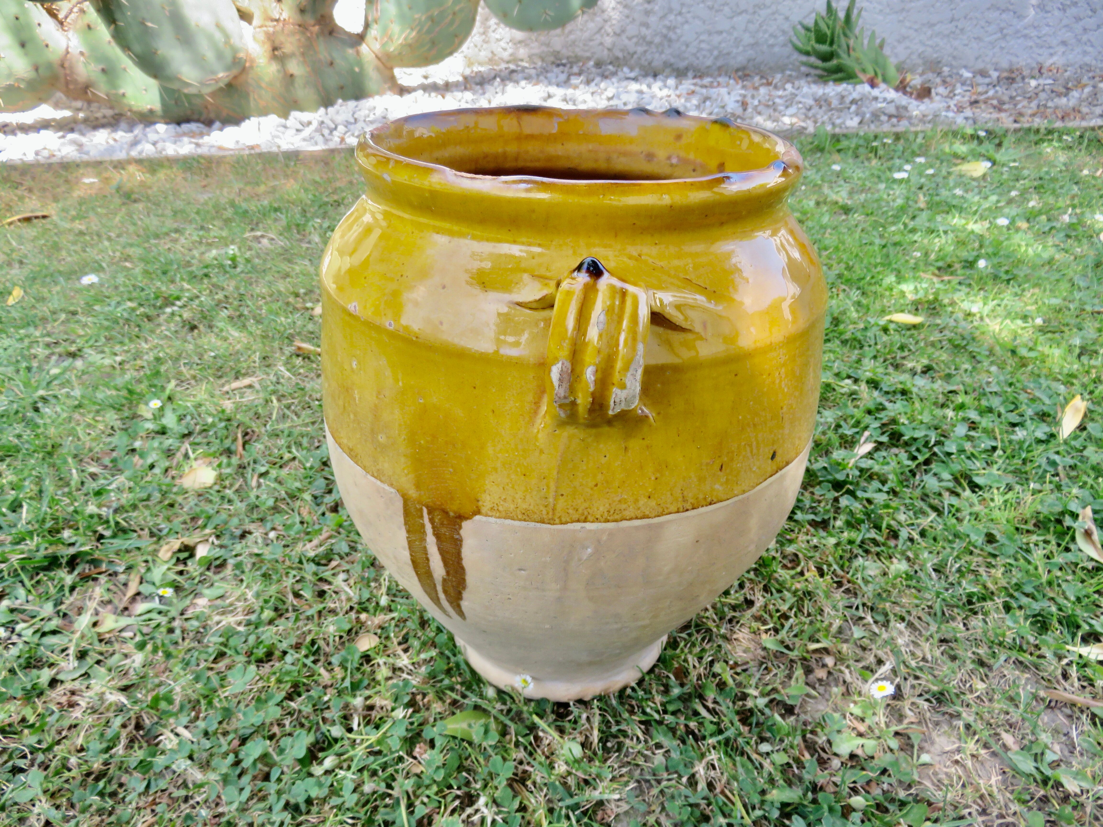 Vase, pot, jarre à huile en terre cuite vernissée jaune, fin 19ème
