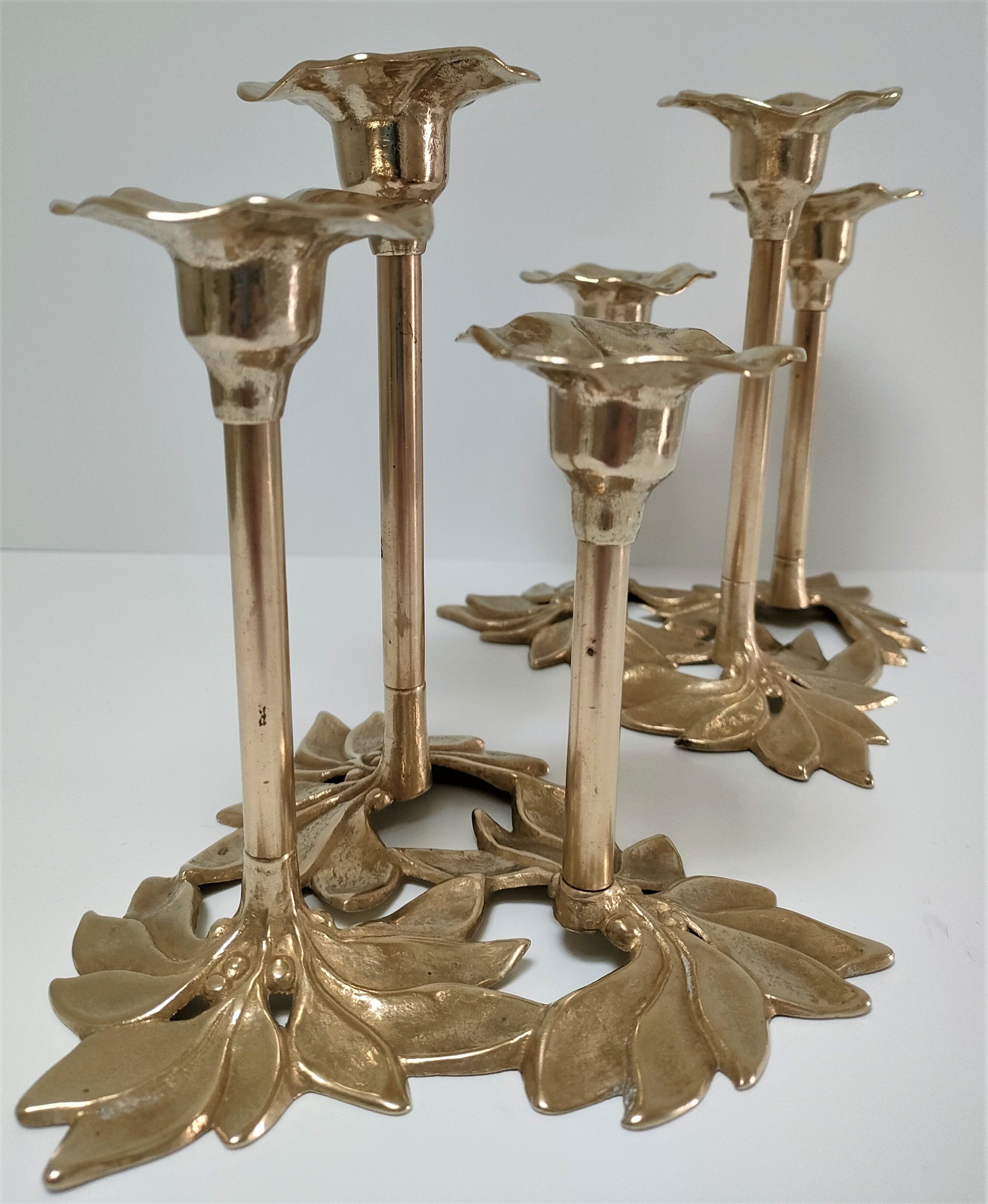 Pair of candlesticks solid brass vintage flowers