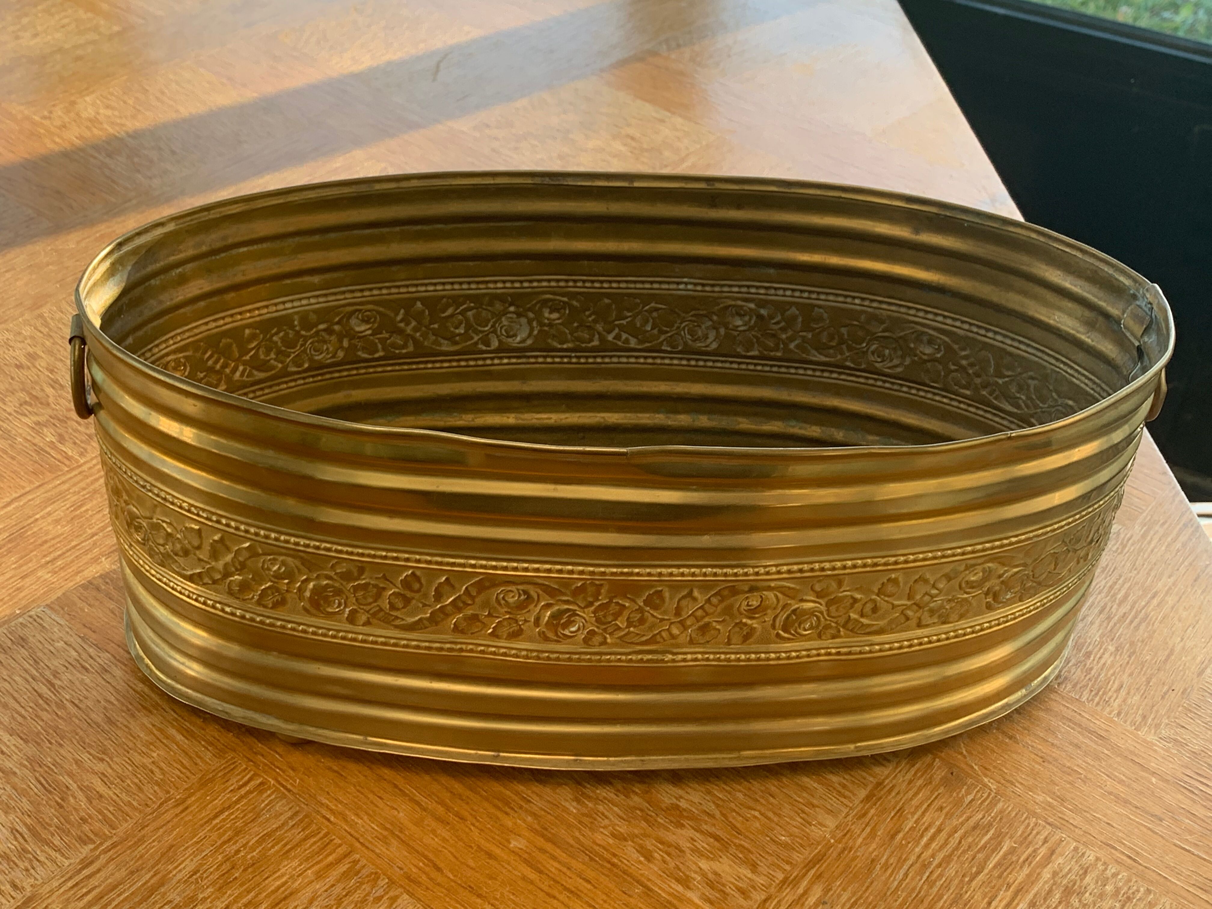 Copper centerpiece, art deco planter floral pattern
