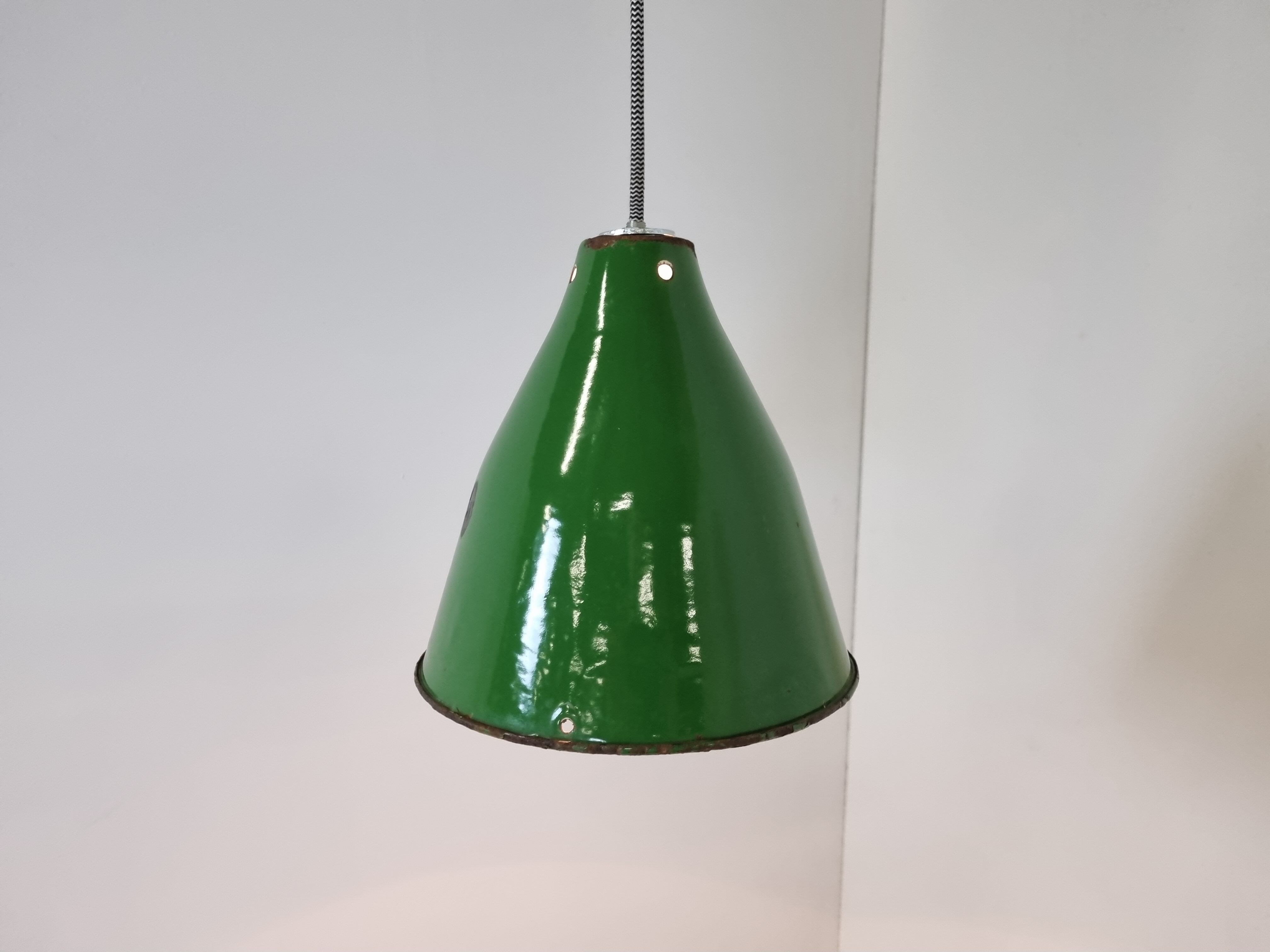 Small vintage industrial green enamel pendant lights, 1960s