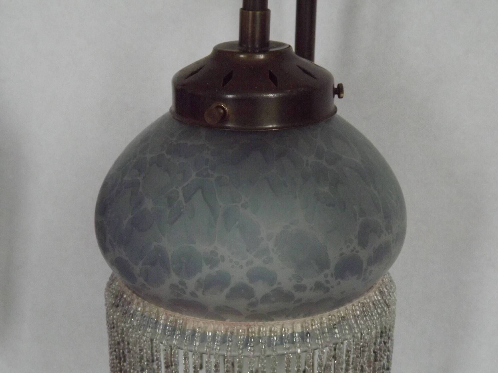 Pair French Vintage Mottled Glass Single Wall Lights Beaded Fringed Shade