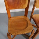 Set of 4 dining chairs elm wood cognac leather