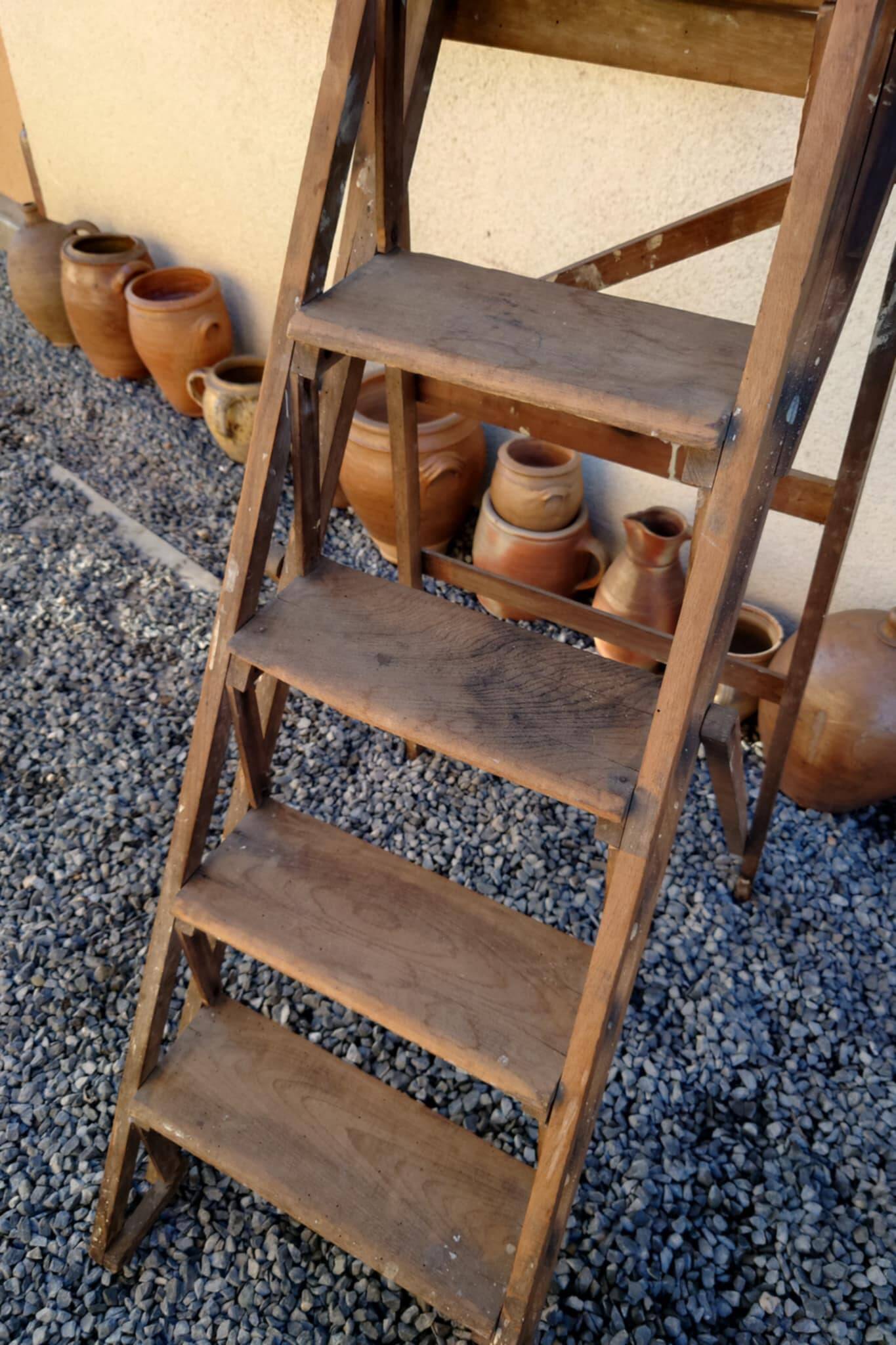 Antique wooden carpenter's stepladder, traces of paint, treated, 110 cm