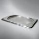 1990s vintage stainless steel platter, rectangular with an oval indentation, minimalist modern design.